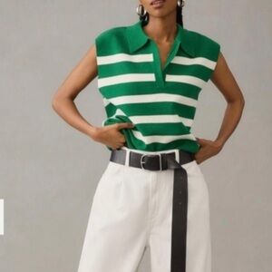 Maeve Anthropologie green and white striped collared sleeveless sweater vest top